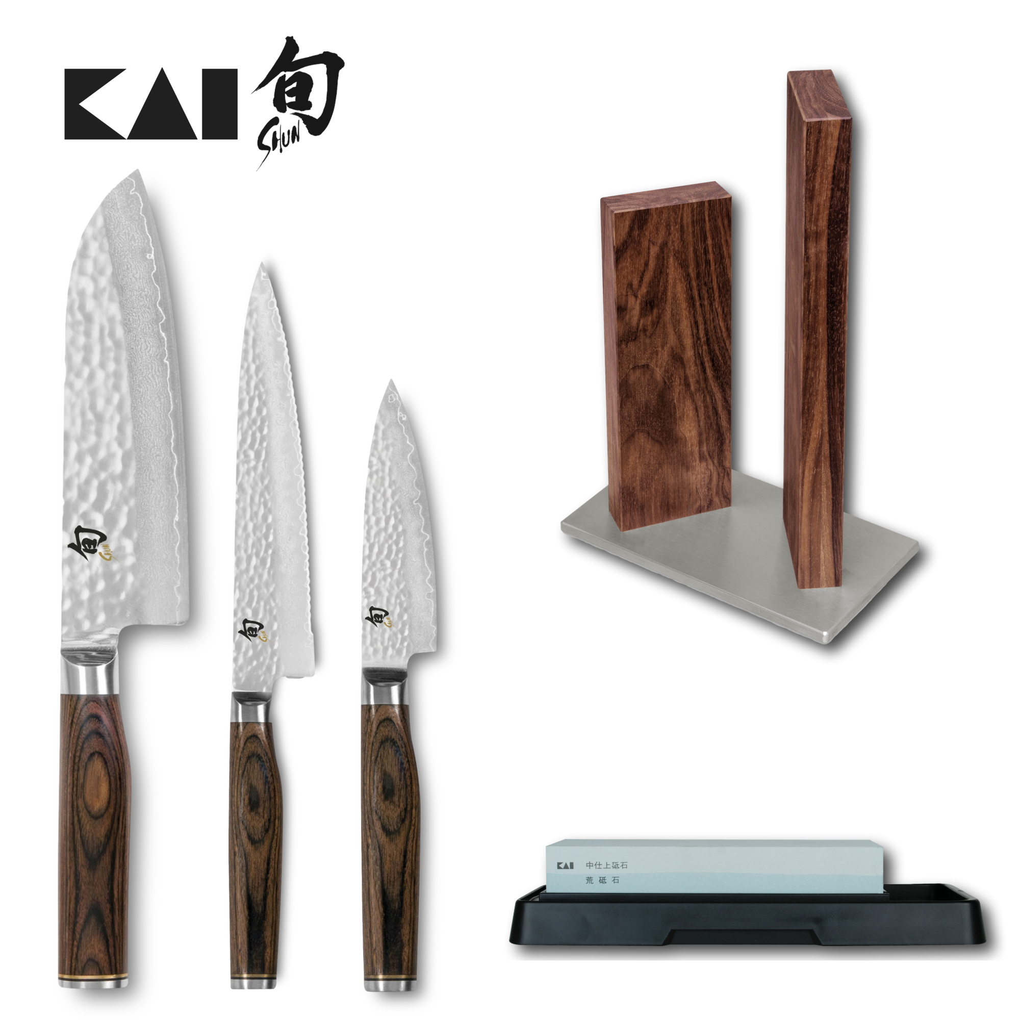 Kai Shun Premier 3 Knife, Walnut Block and Whetstone Set