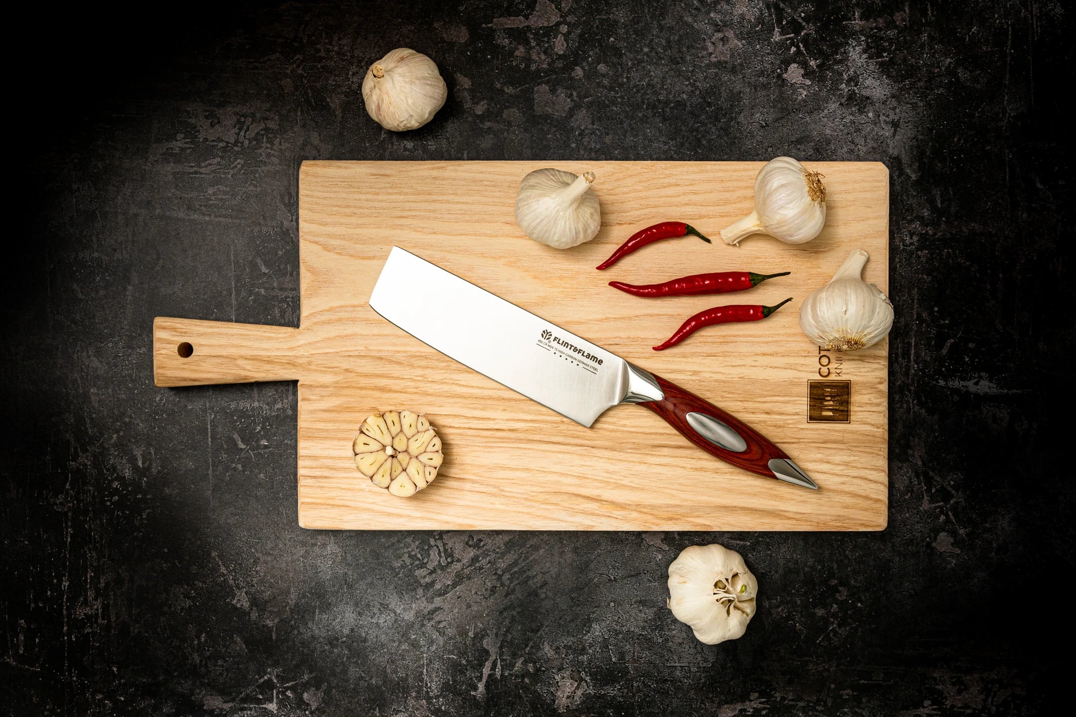 Nakiri knife on a The Cotswold Knife Company Chopping board shot from above