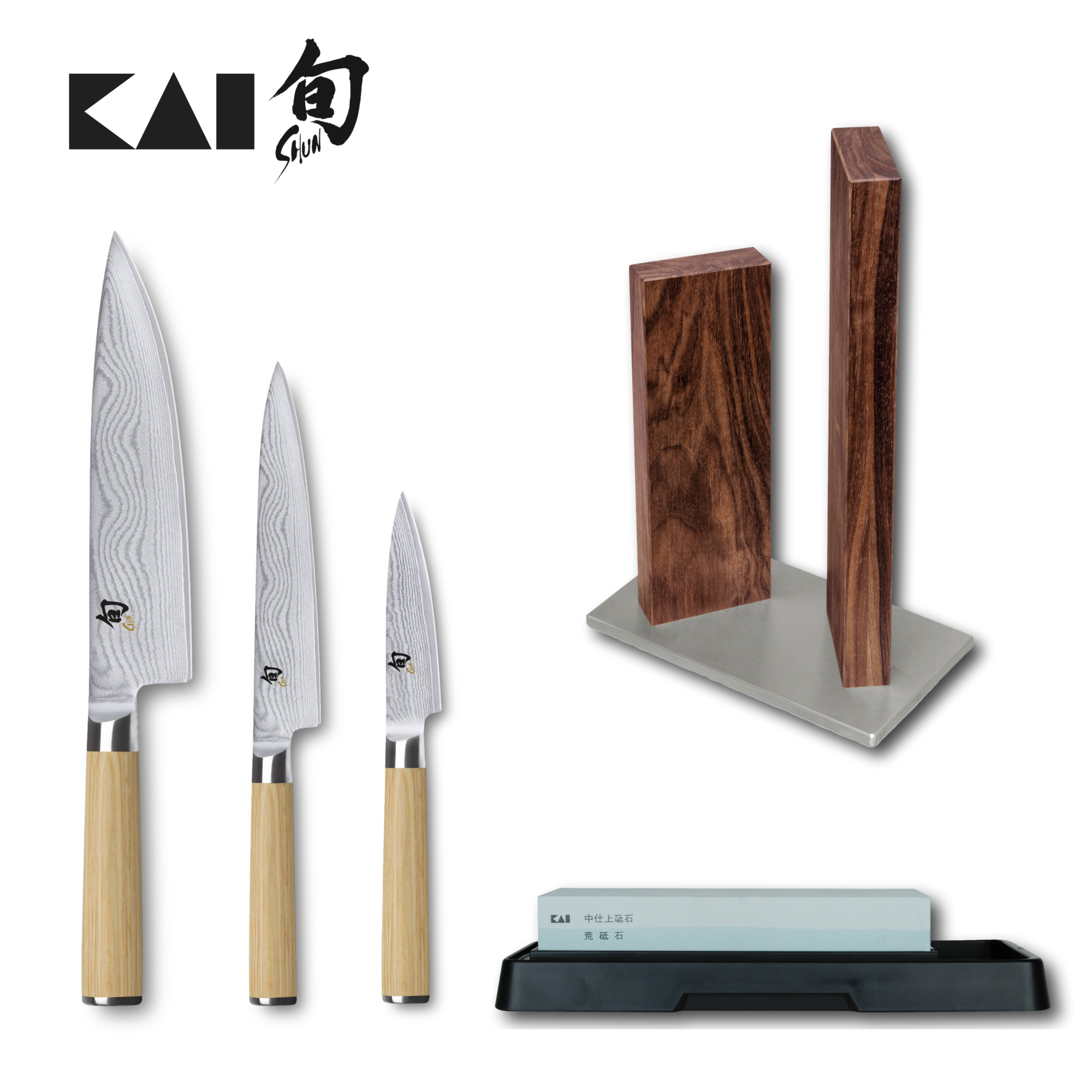 Kai Shun Classic White 3 Knife, Walnut Block and Whetstone Set