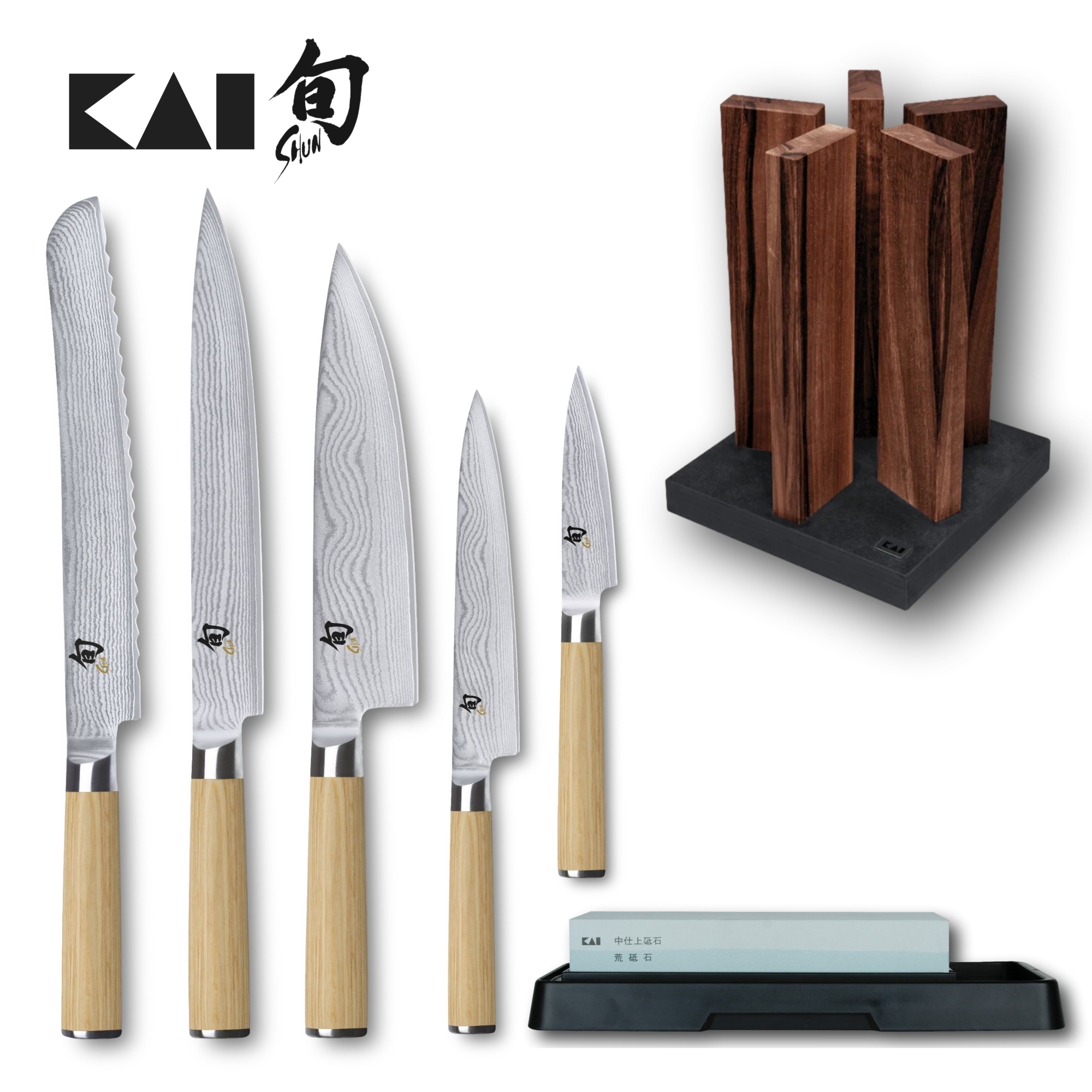 Kai Shun Classic White 5 Knife, Walnut Block and Whetstone Set