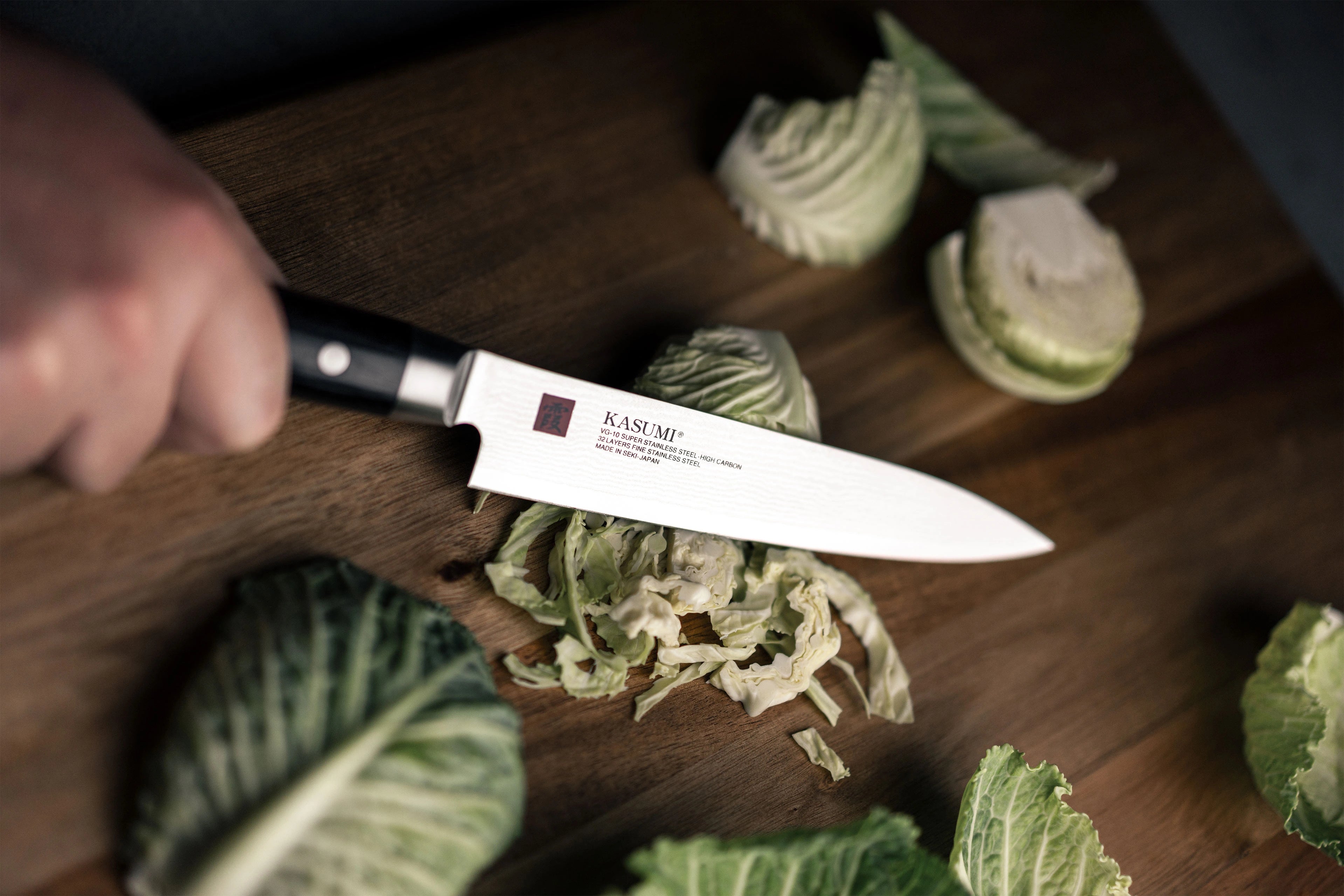 Kasumi utility knife chopping lettuce