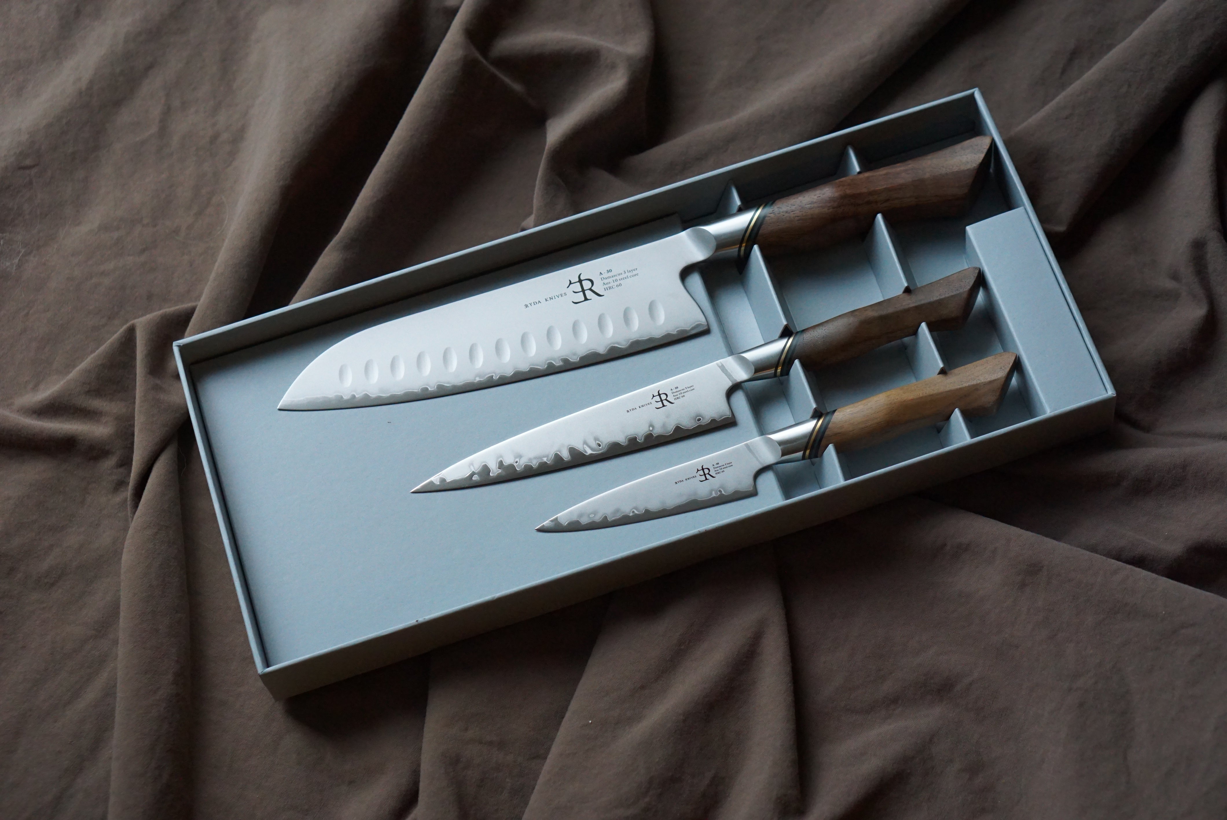 Ryda Knives A30 3 piece gift set, santoku, utility and paring knives.  cotswoldknifecompany.co.uk