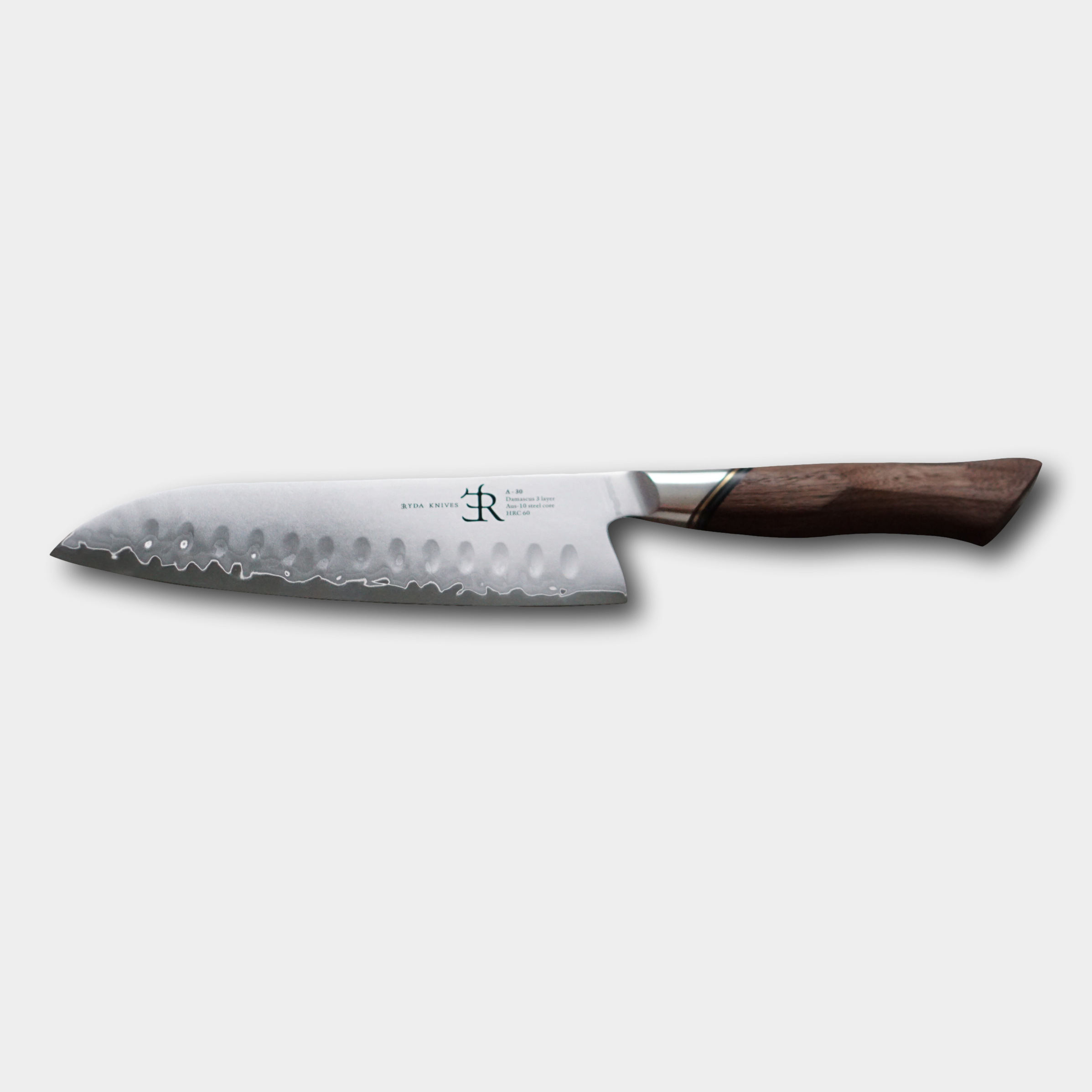 Ryda Knives A30 Santoku knife. 3ply special steel blade with ultimate comfort handle. Supplied by cotswoldknifecompany.co.uk