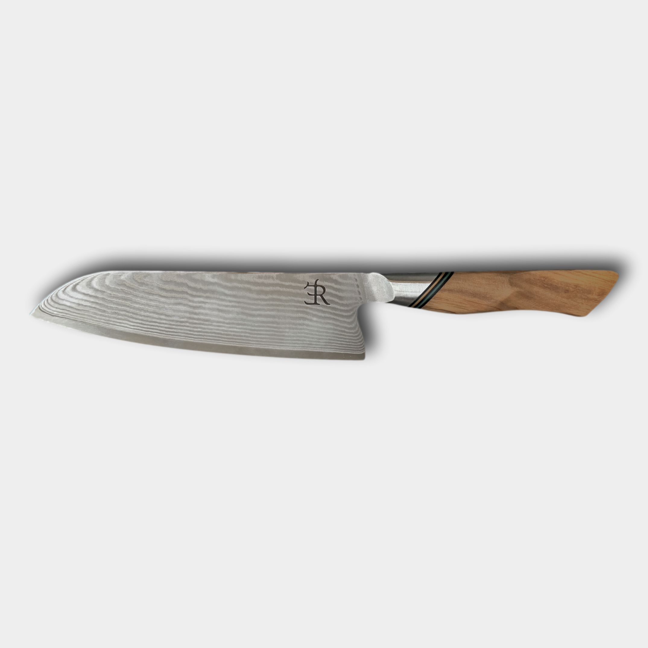 Ryda Knives from Sweden.  A73 Santoku knife, Damascus blade with ultimate comfort French Olivewood handle.  Supplied by The Cotswold Knife Company.