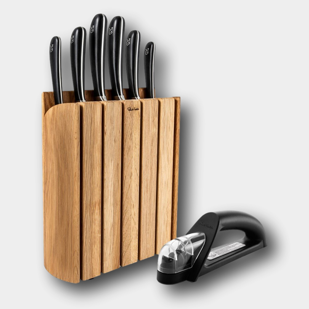 Robert Welch Book Oak Knife Block Set with Handheld Sharpener