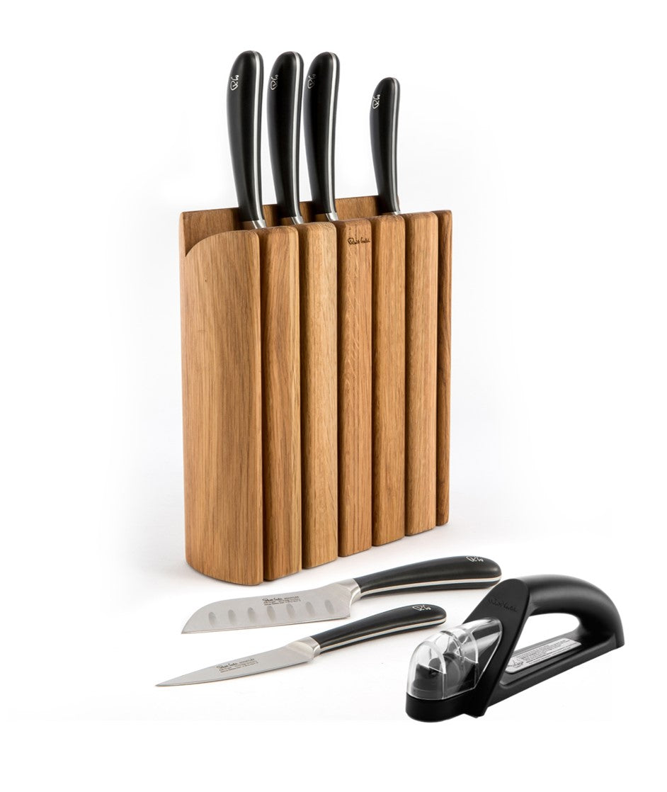 Robert Welch Book Oak Knife Block Set with Handheld Sharpener