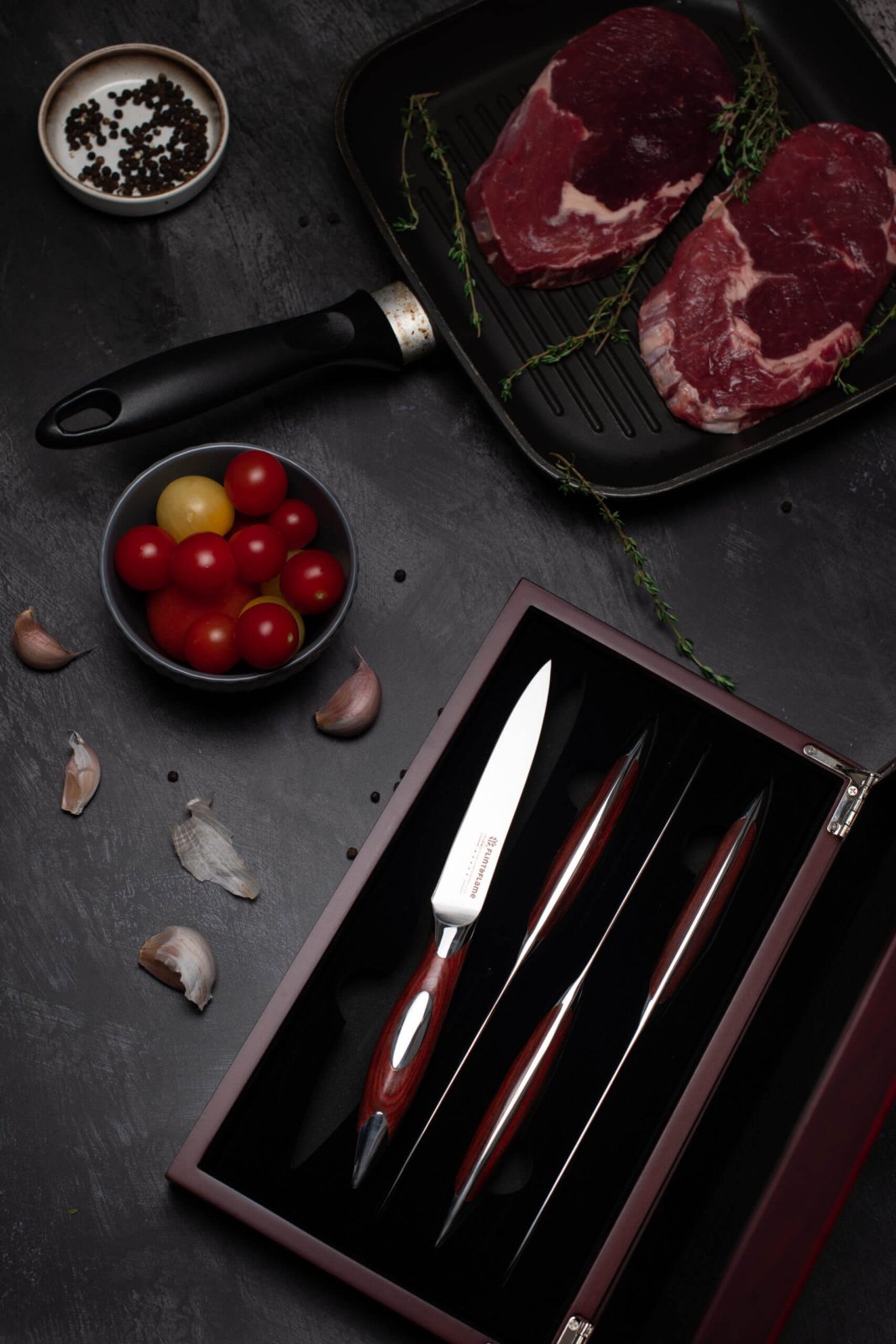 Flint and Flame 4 piece Steak Knife set in Wooden box - 1002705 - The Cotswold Knife Company